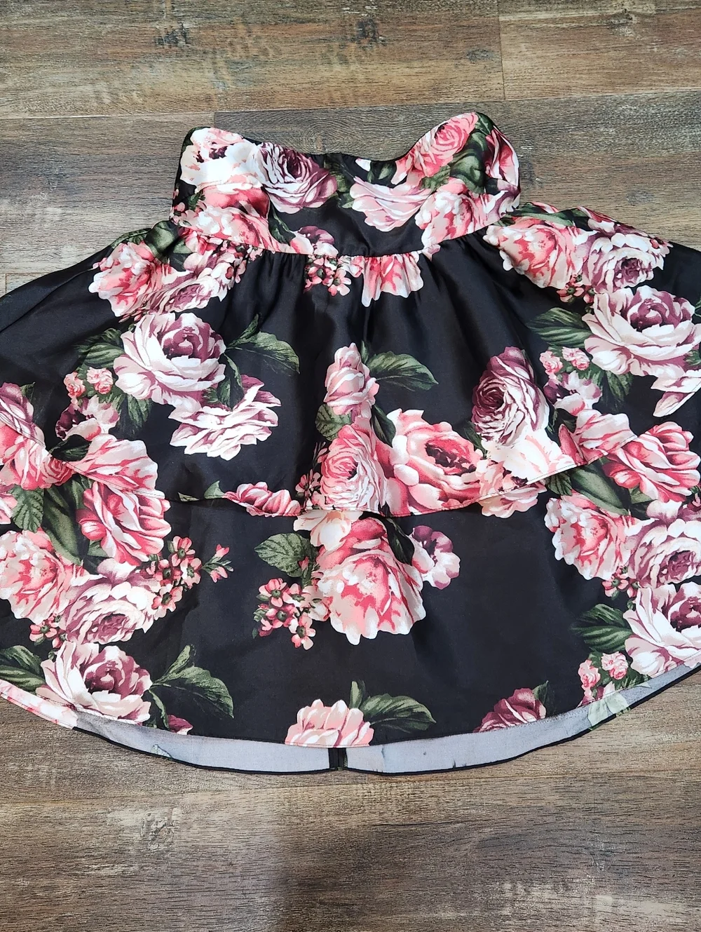 NWT If by the Sea Los Angeles XL Black Pink Rose Floral Taffeta Tiered Dress